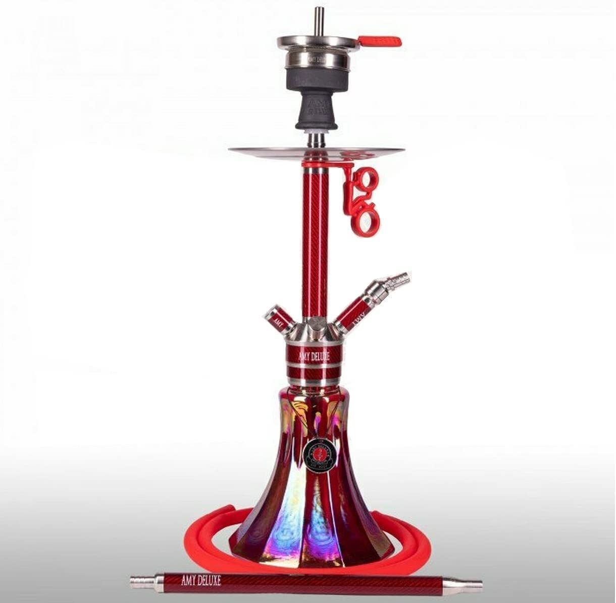 Hookah German Heavy Metal SS Glass Shisha w/ 4 Hose Carbon Fiber Brand New, Red