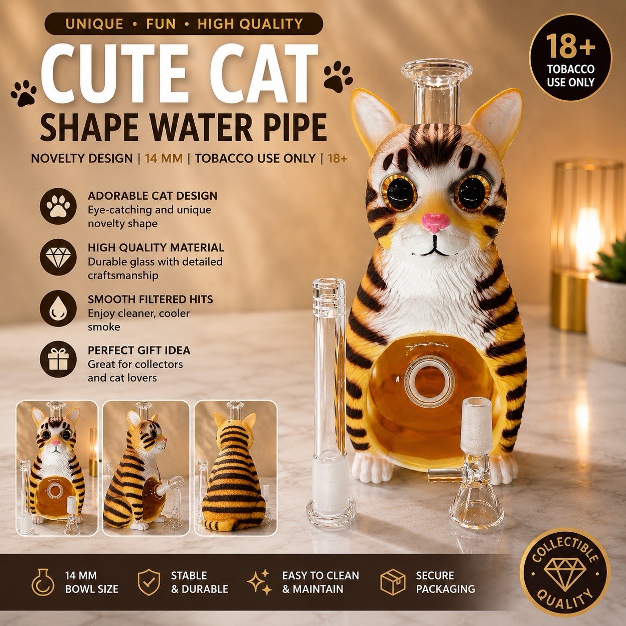 🐱9”Cute Cat Shape Glass Water Pipe 14 MM-Novelty Design-Tobacco Use Only-18+🐱