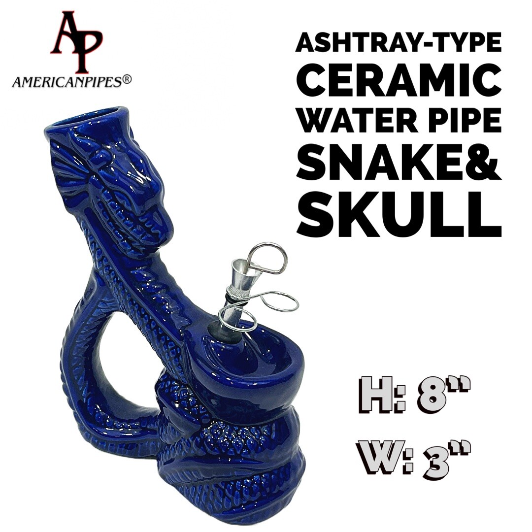 SNAKE & SKULL INHALE®️8&Prime; CERAMIC WATER PIPE WITH A PULL STEM MADE IN THE USA