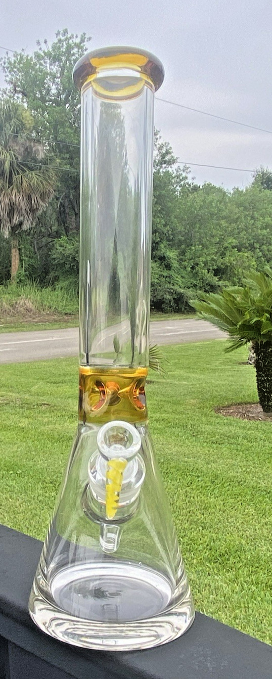 Heavy 15.5&Prime; 9mm Glass Beaker Water Pipe Bong W/ Custom 14mm Horned Bowl 5&Prime; Base