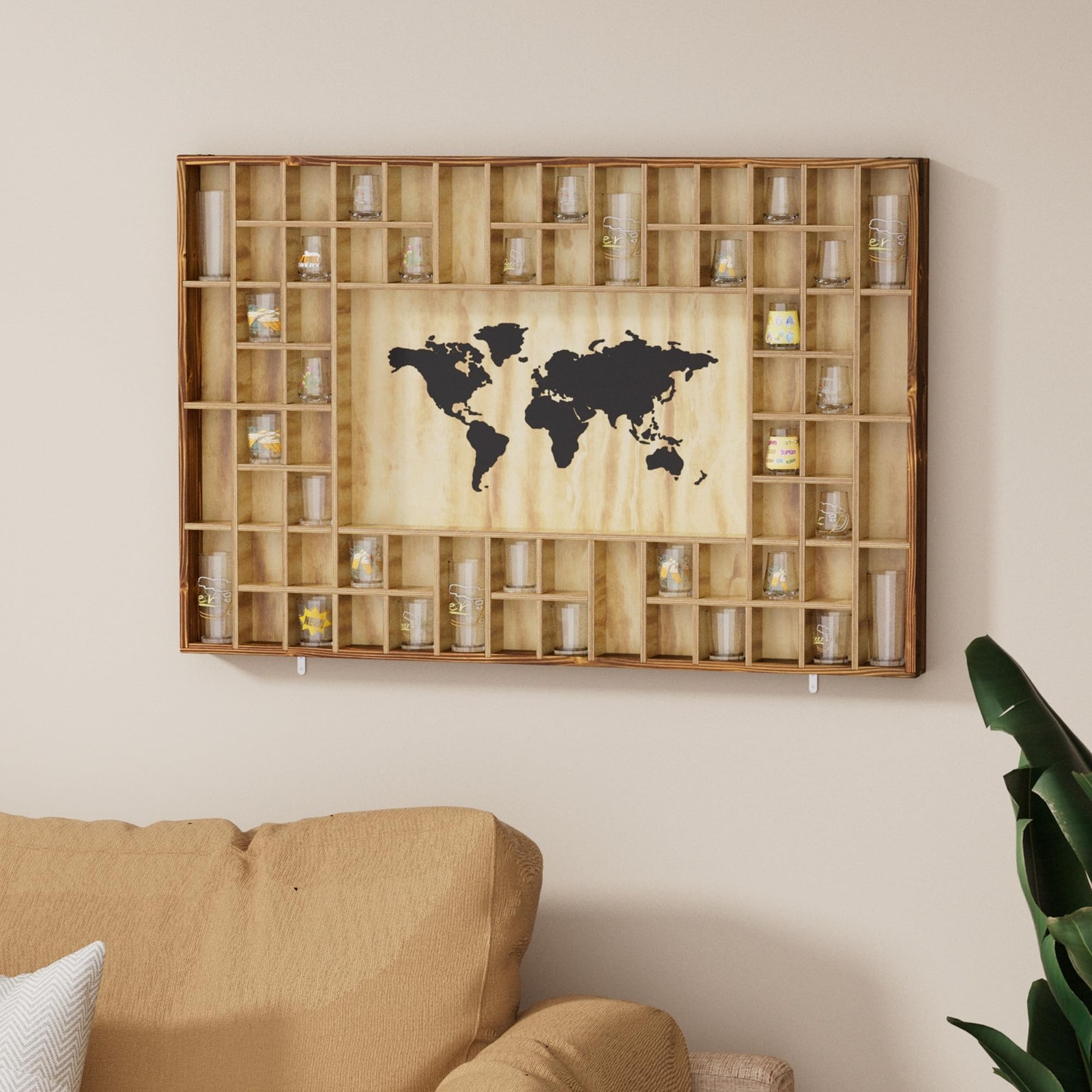 68 Large World Map Shot Glass Display Case Rustic Shot Glass Holder 37x 24.4i…