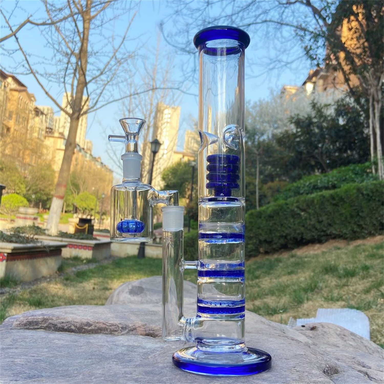 Blue 12.6 » Glass Honeycomb Filter Bong Smoking Hookah Water Pipe W/Ash Catcher