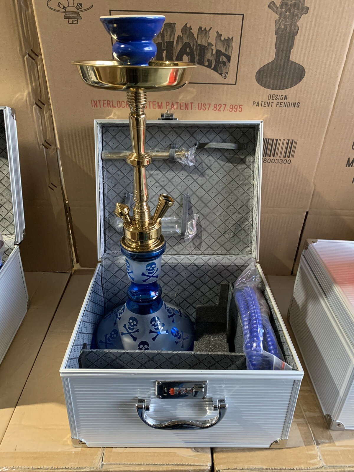 INHALE 21’’ HEAVY DUTY SOLID BRASS HOOKAH IN A SUITCASE *SKULLS BLUE*