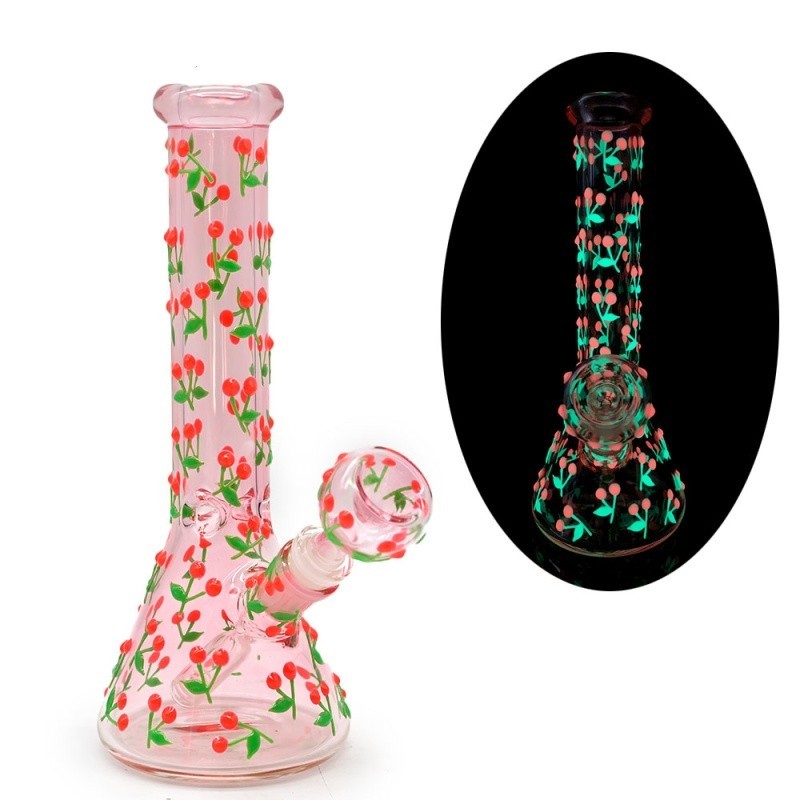 Pink 10&Prime; Glass Bong Cherry Glow in the Dark Girly Smoke Hookah Beaker Water Pipe