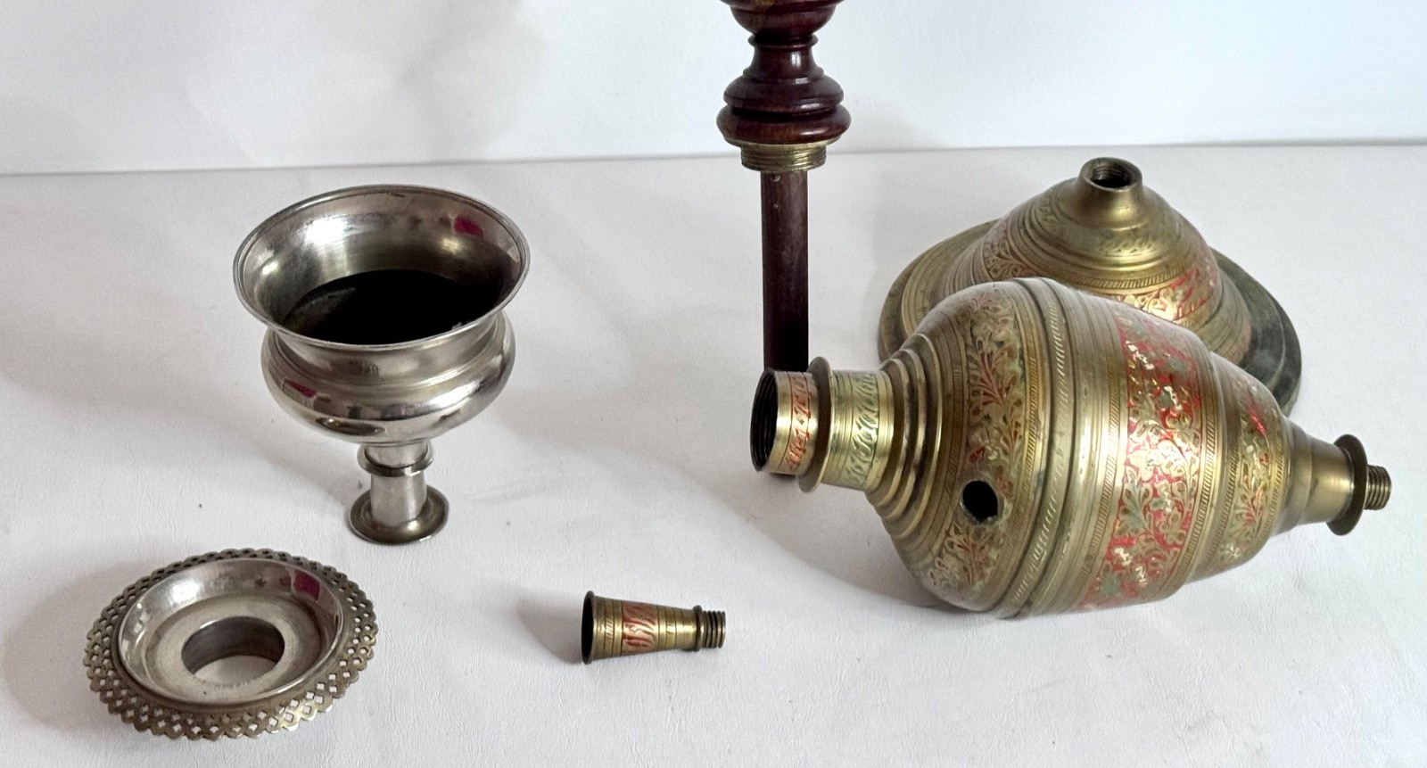 Hookah Etched Floral Cloisonné Brass/Wood 43&Prime;T-Use or Decoration Antique/Vintage