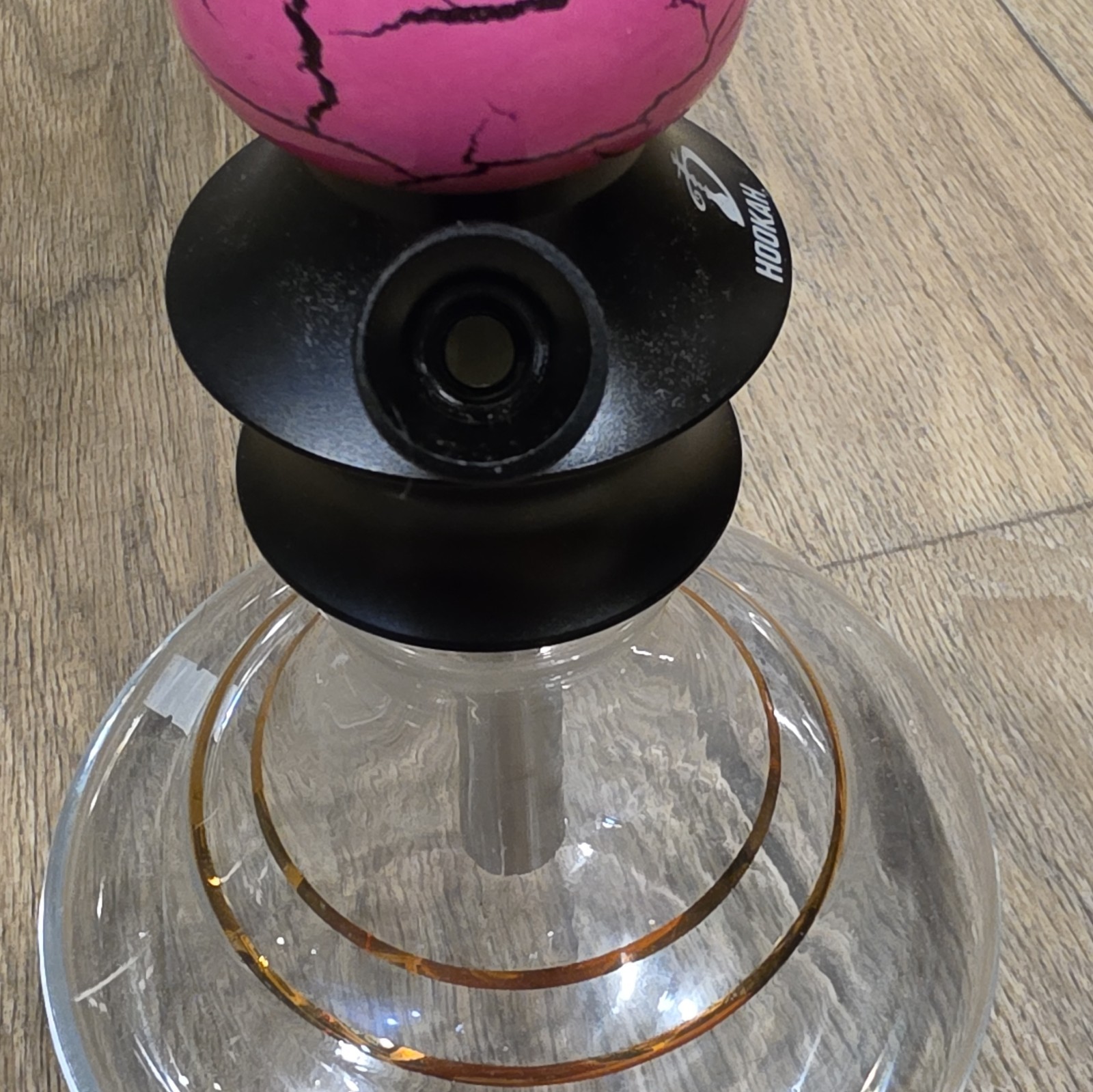 Hookah Pink Crackle Stem Hookah w/ Clear Glass Base, Black & Gold Accents