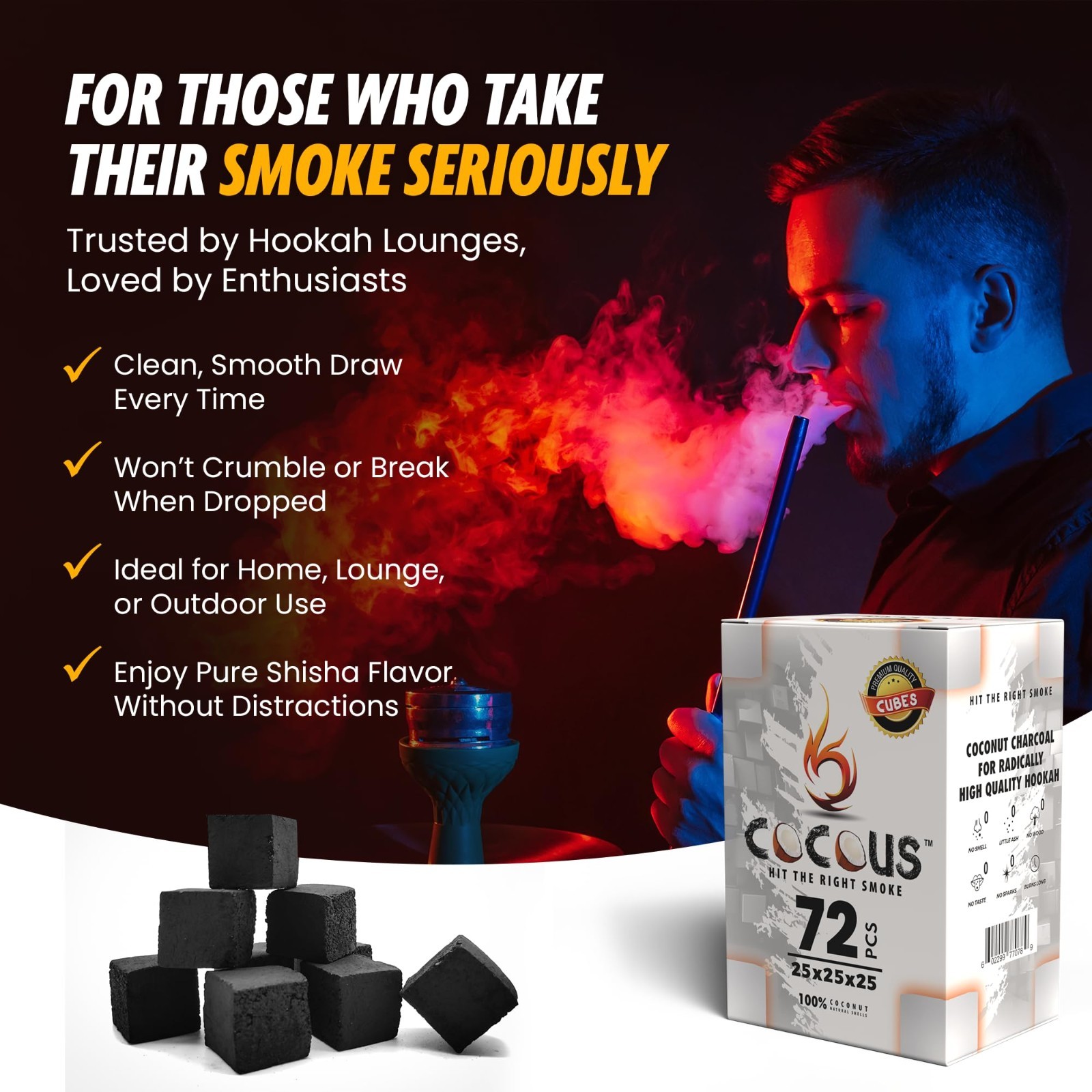 Natural Coconut Charcoal Hookah Coals – 1KG (72 Pieces) 25mm Briquettes for Shis
