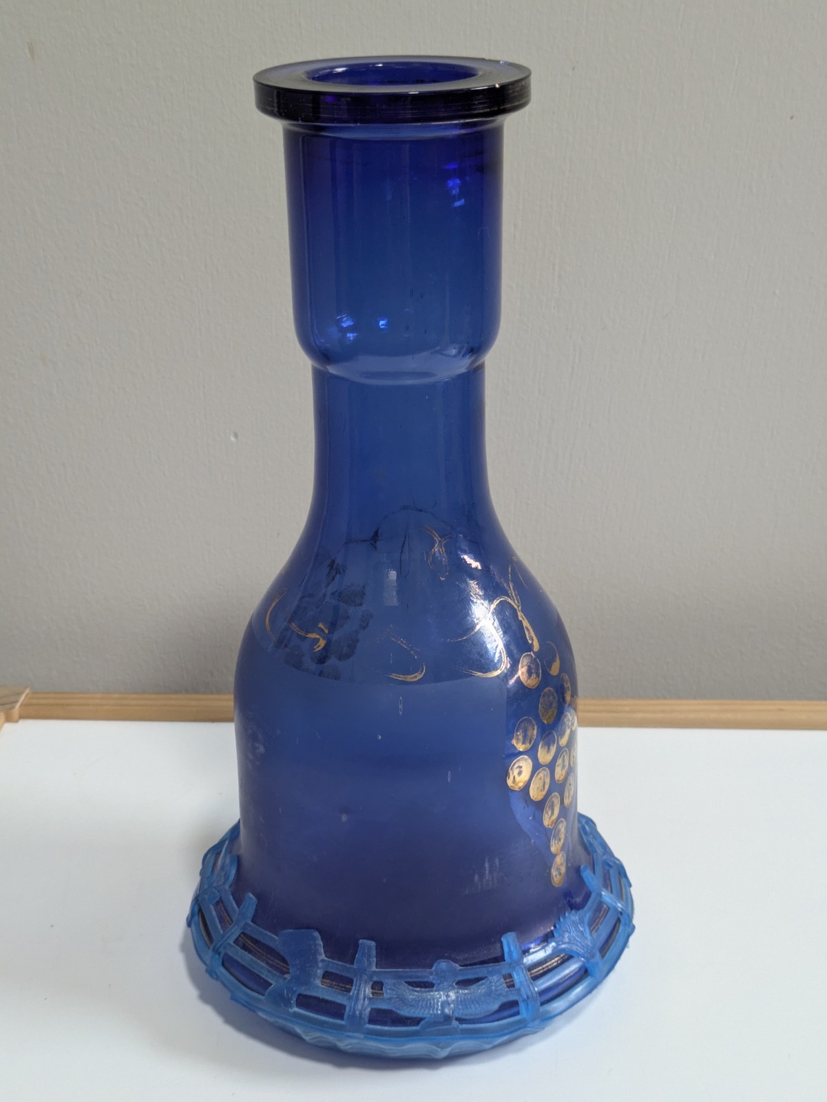 12&Prime; Cobalt Blue Glass Hookah Base & Egyptian Art Silicone Grip, Vintage Bohemian