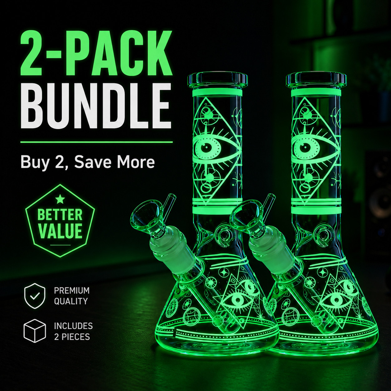2Pack 8&Prime;Eye Glow in Dark Glass Bong Water Pipe Beaker 14mm Bowl Tobacco Screen
