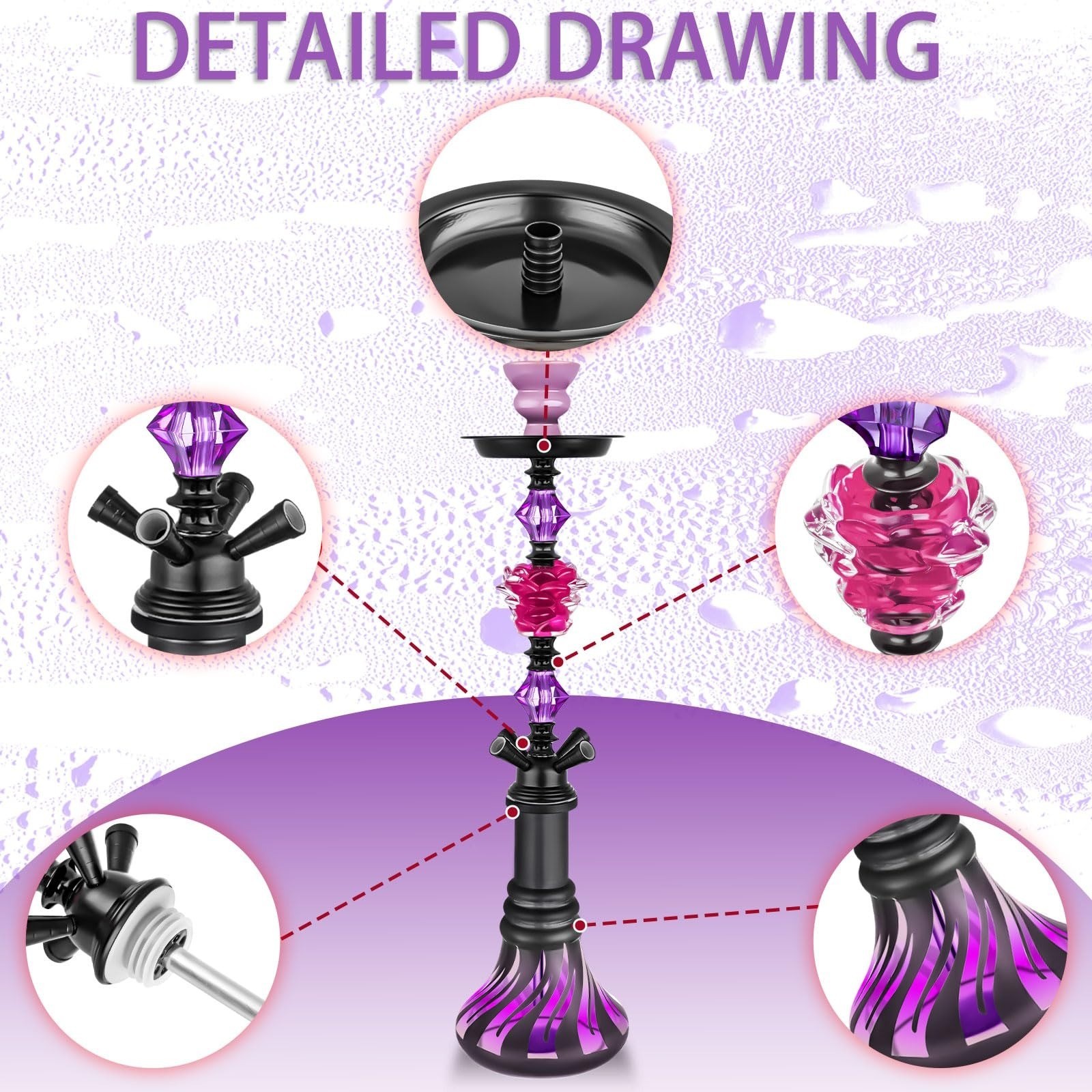 HOKASET 4 Hose Hookah Set 21&Prime; with Ceramic Bowl & Accessories – Deep Purple