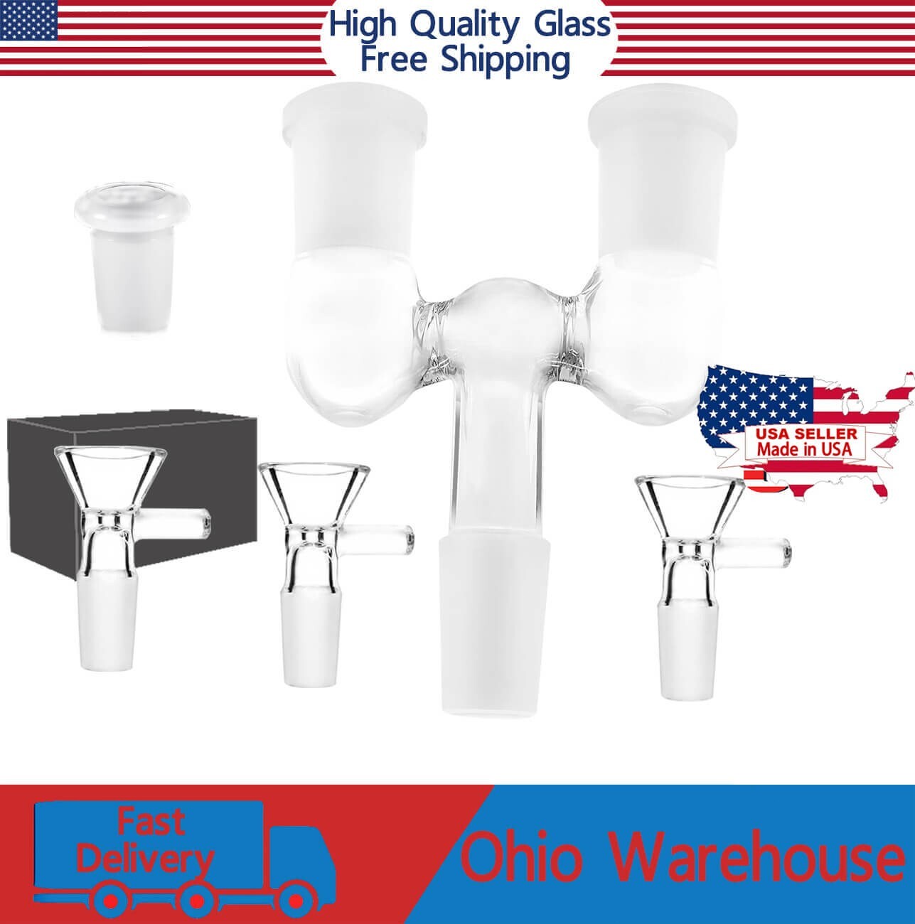 Glass Adapter 18mm Female to 14mm male, Double Glass Tube Adapter, Set of 5.