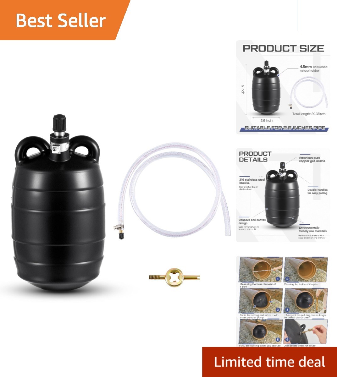Durable 3&Prime; Inflatable Plug with Accessories for Easy Pipeline Maintenance
