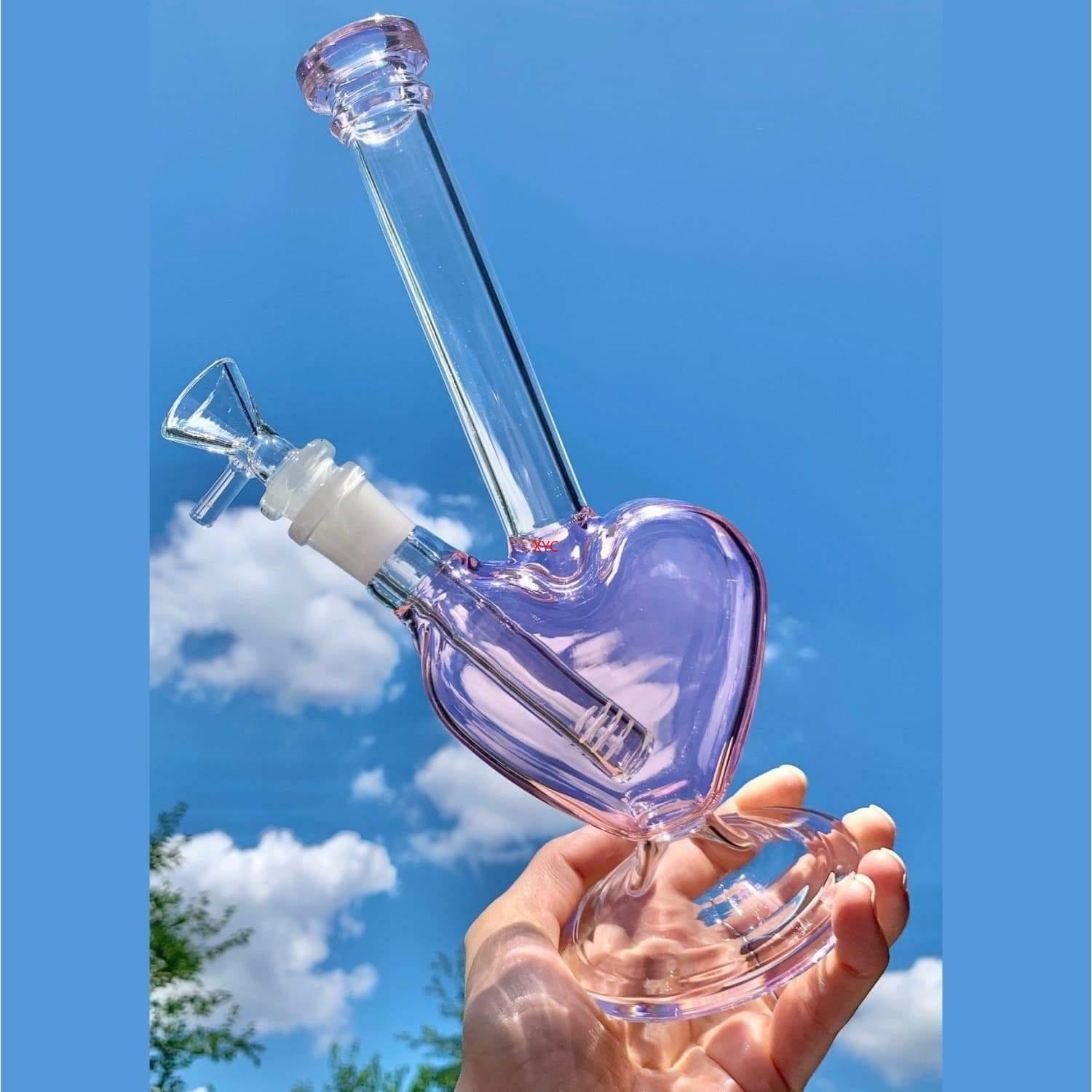 9.3inch Pink Heart Shape Heavy Glass Bong Water Pipe Hookah Hand Pipe +14mm Bowl
