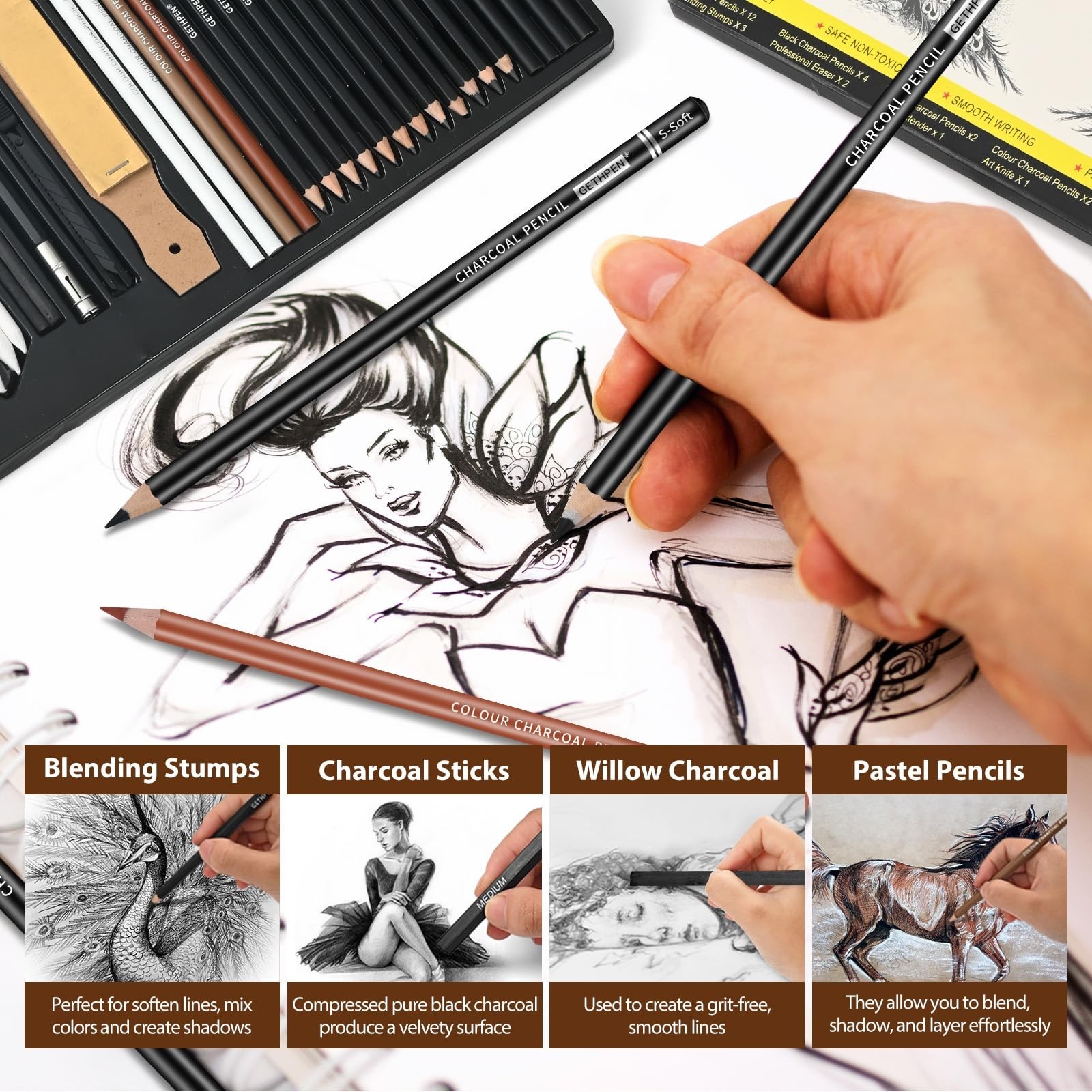 GETHPEN 34Pcs Sketch Drawing Kit, Graphite 14B-4H Charcoal Pencils Sticks | S…