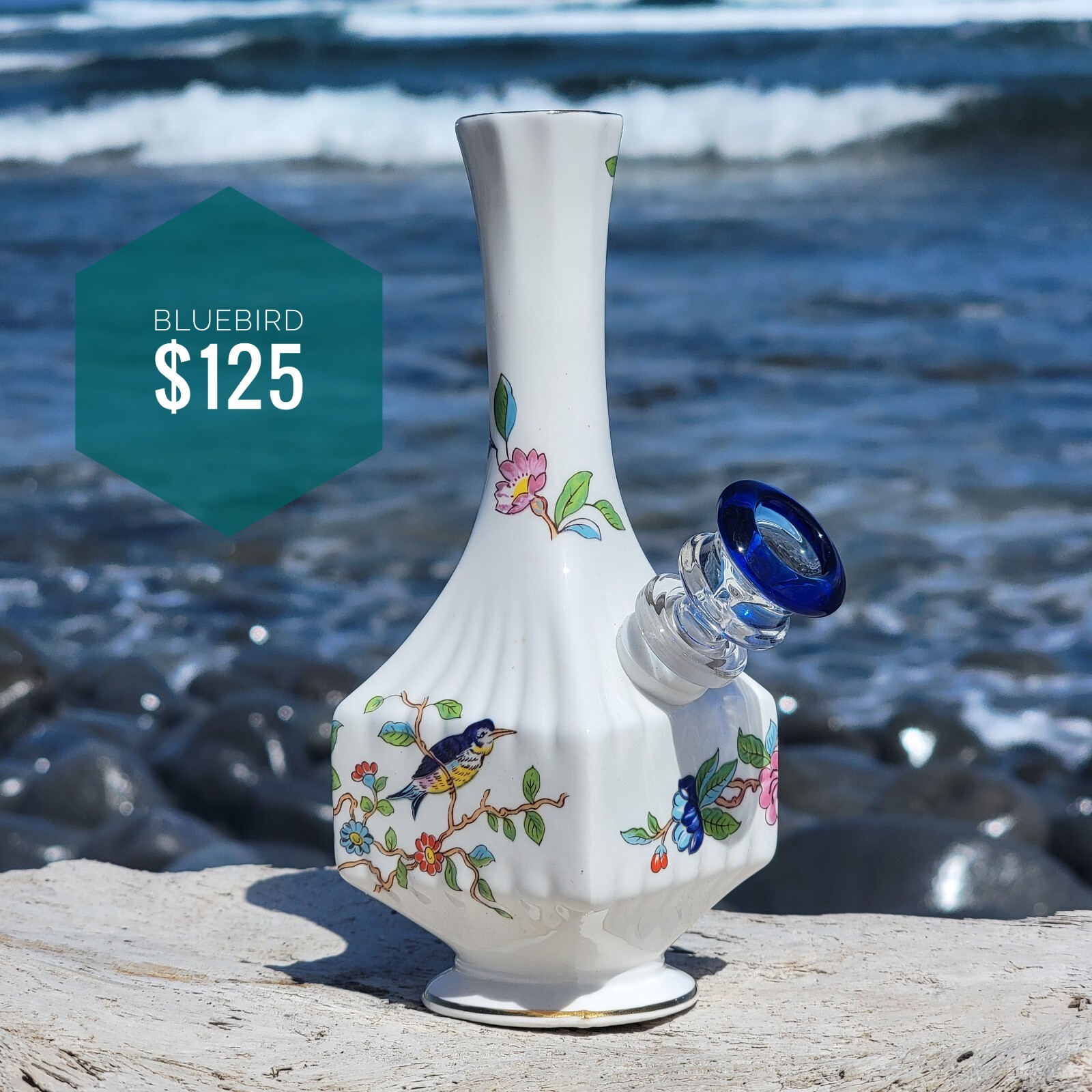 Vintage Ceramic Upcycled Girly Bong Vase with Flower Details