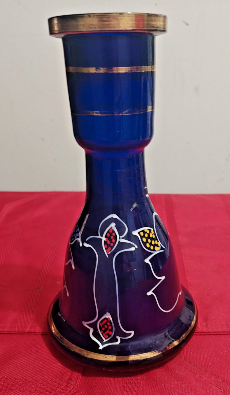 Vintage Glass Hookah Base Vase With Gold Accent 9”
