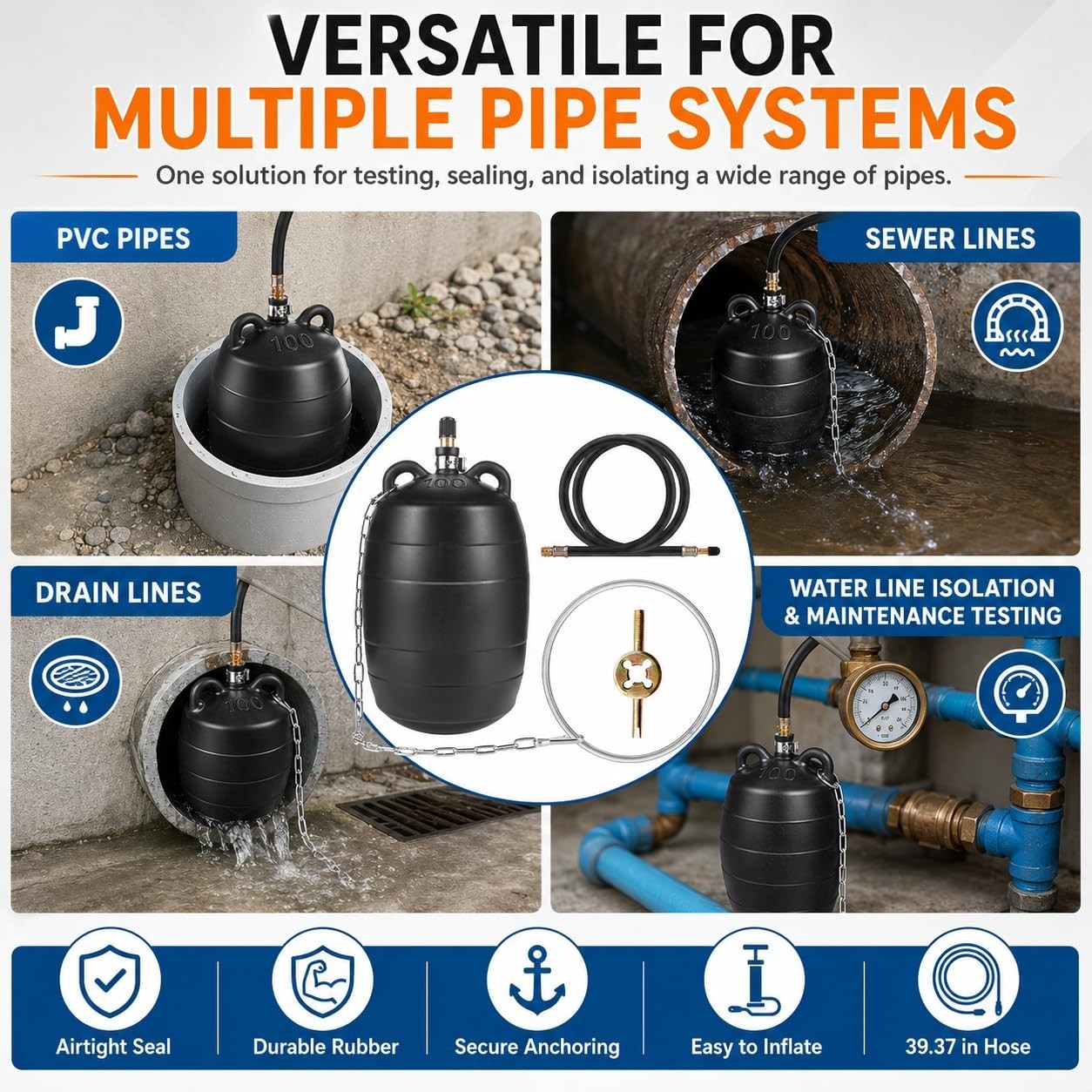 Inflatable Pipe Test Plug – 6&Prime; Rubber Plumbing Balloon with 39.37&Prime; Hose & Iron R