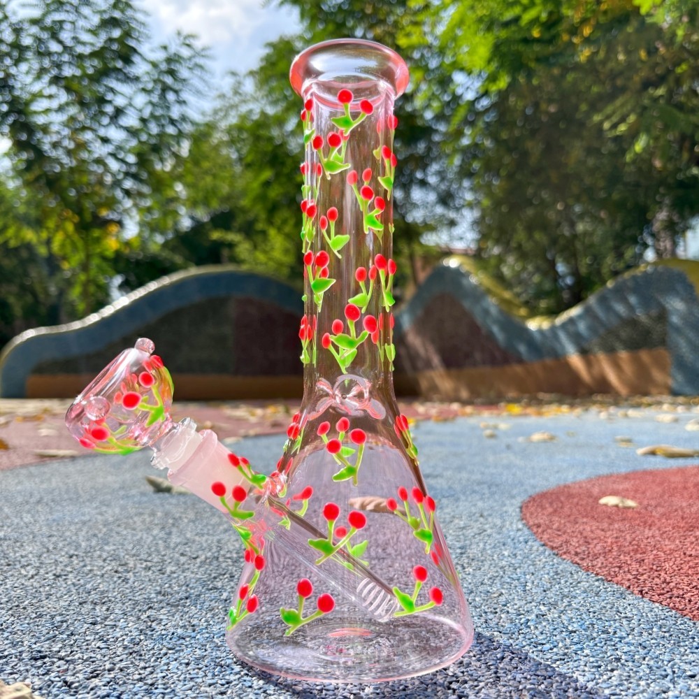 10 » Hand-Painted Glowing Cherry Glass Bong Beaker Bubbler Hookah Water Pipe