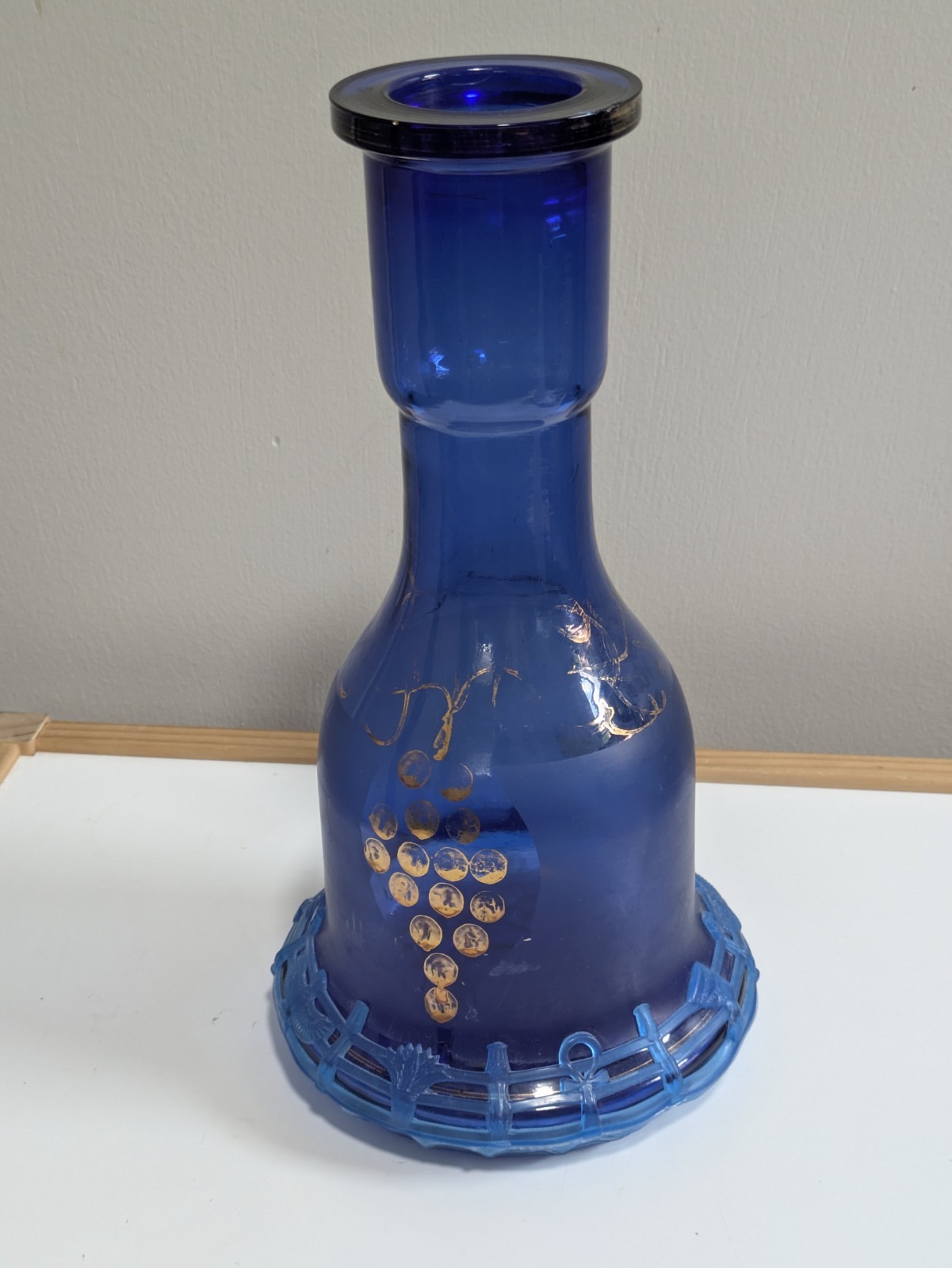 12&Prime; Cobalt Blue Glass Hookah Base & Egyptian Art Silicone Grip, Vintage Bohemian