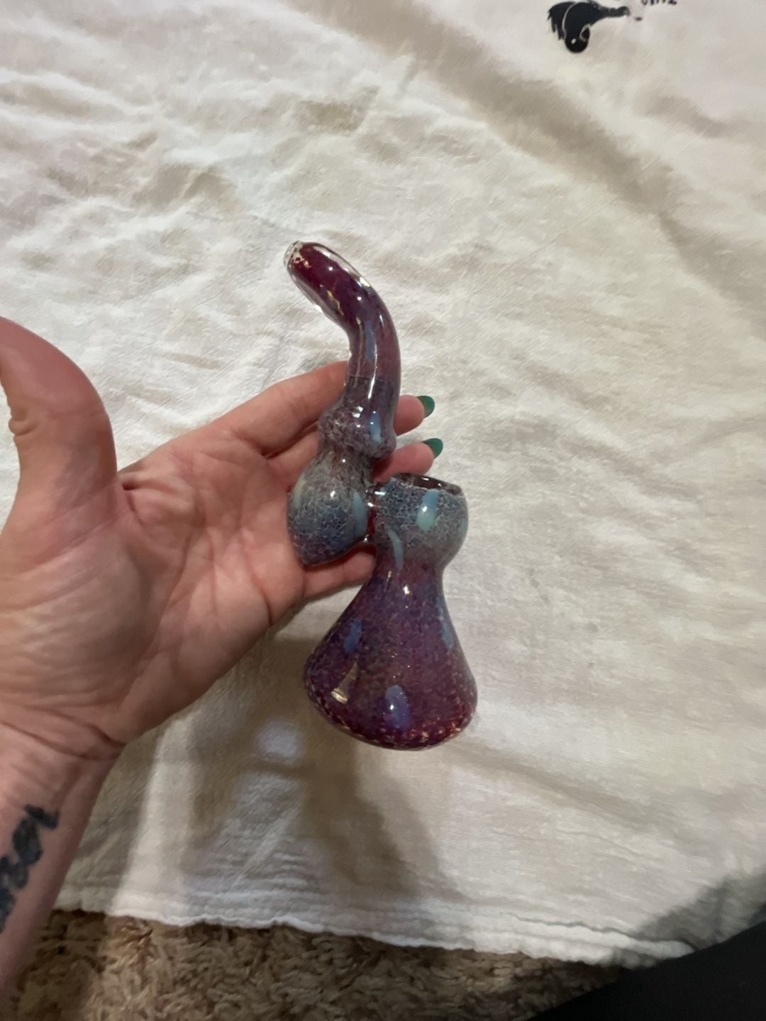 Hand-Blown Frit Glass Bubbler Piece Purple and Blue