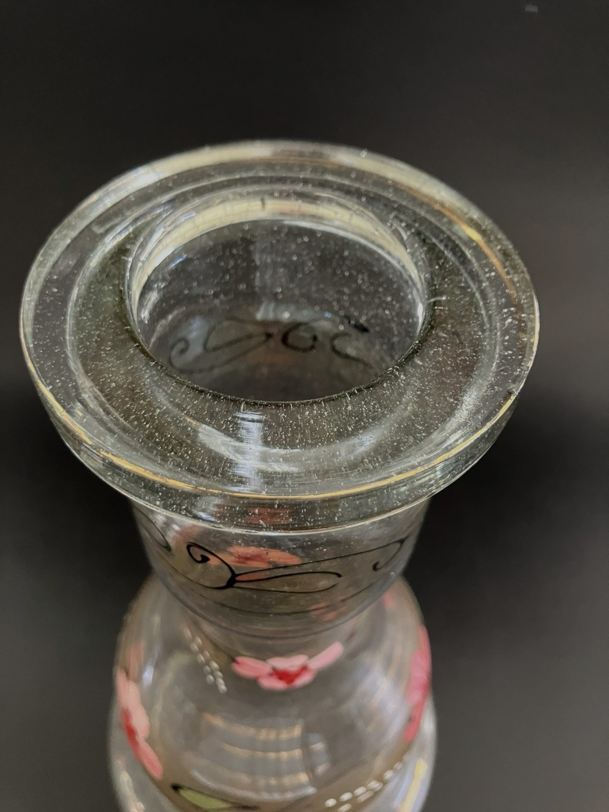 Vintage Bohemian Glass Hookah Vase Decanter Hand Painted Pink Flowers Black Gold