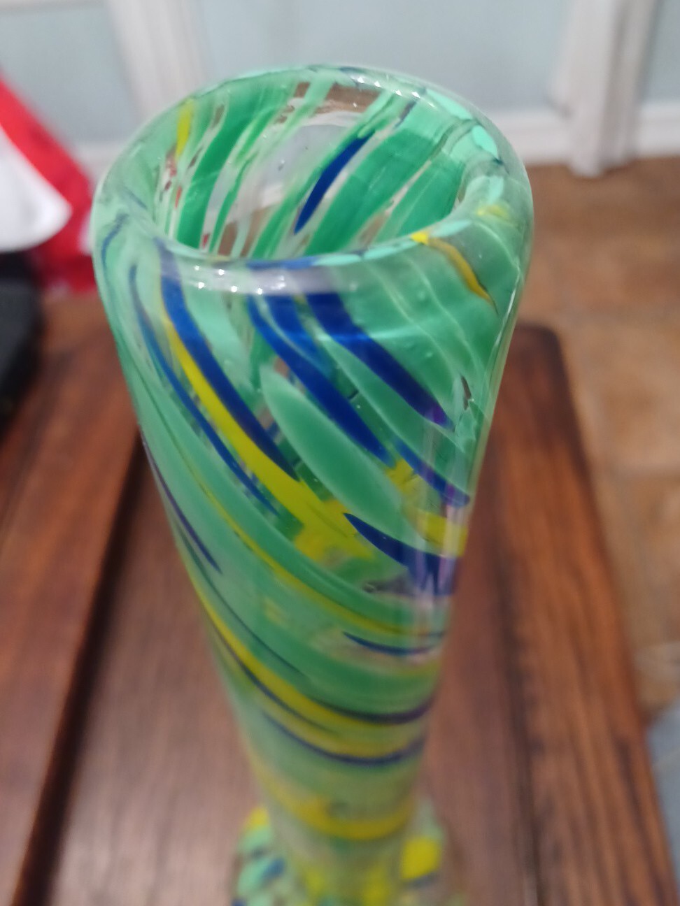 Water Bong Blown Glass Beautiful Pipe Yellow and Green , BLue Swirls