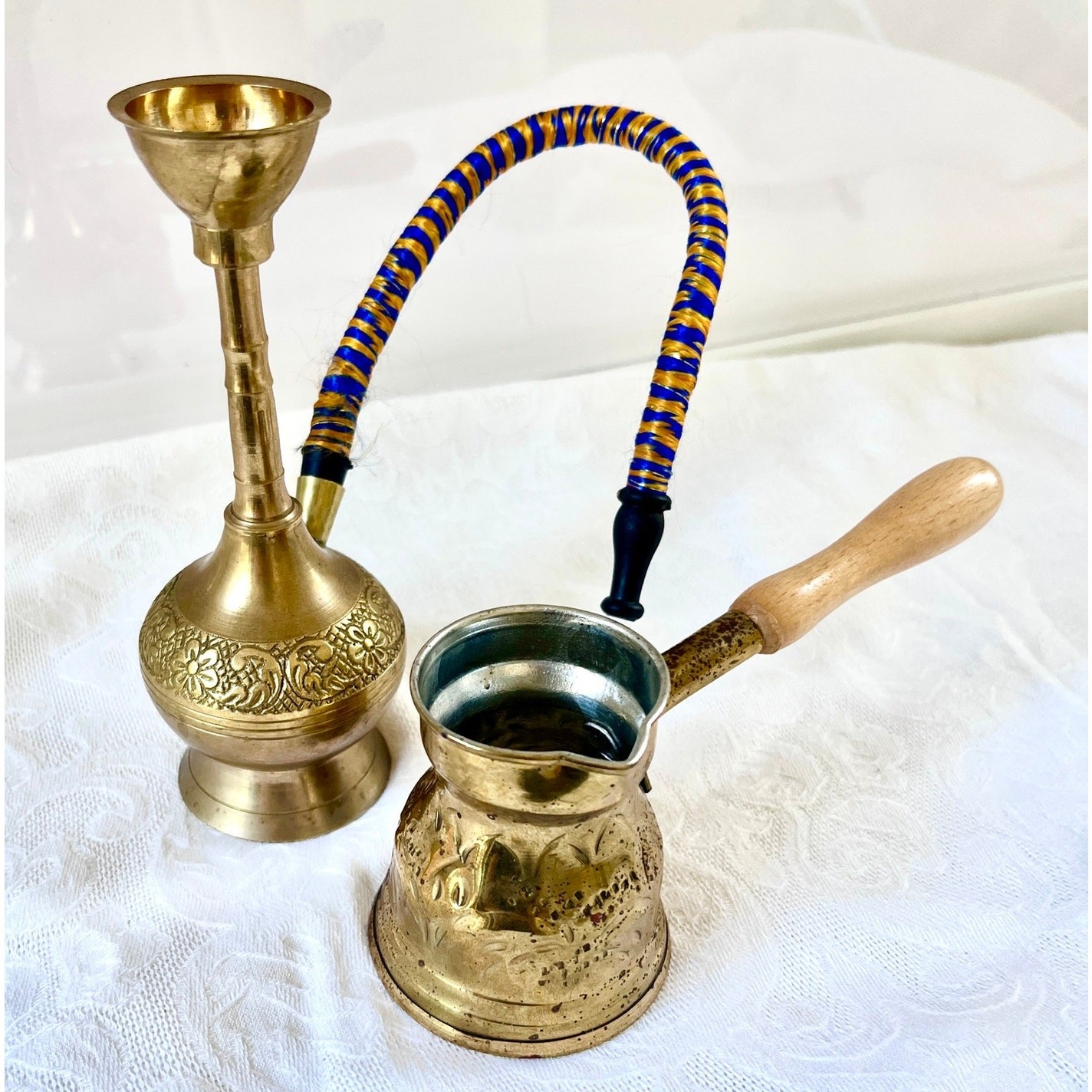 Vintage Brass Hookah Turkish Coffee Pot Handmade Engraved Middle Eastern Decor