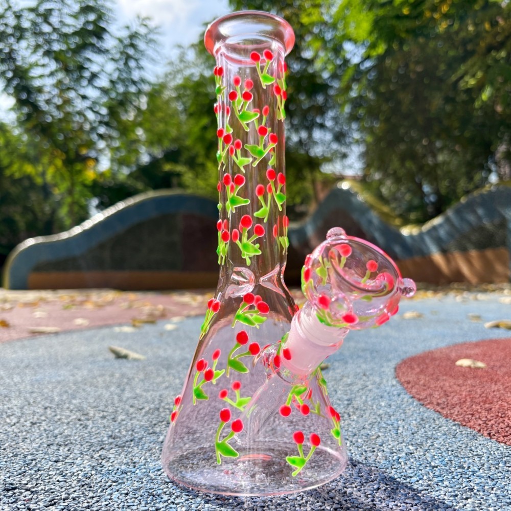 10 » Hand-Painted Glowing Cherry Glass Bong Beaker Bubbler Hookah Water Pipe