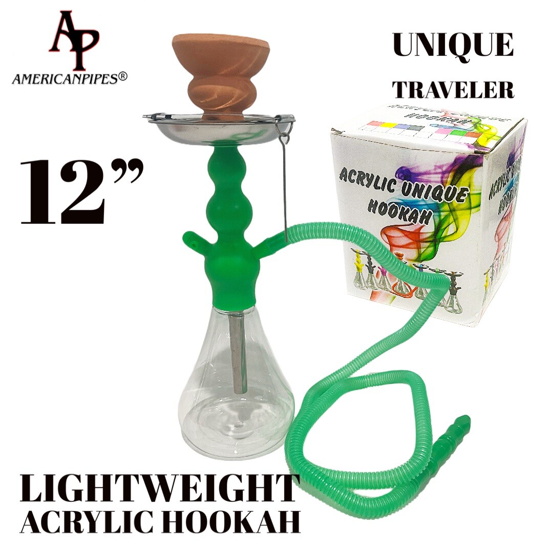 12&Prime; INHALE®️ GREEN ACRYLIC DISPOSABLE SMALL HOOKAH STAINLESS STEM &A CLAY BOWL
