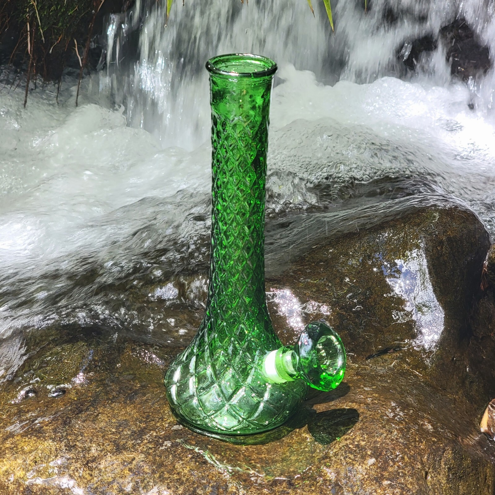 Vintage Upcycled Vase Bong Emerald Glass With Green Downstem And Diamond Bowl