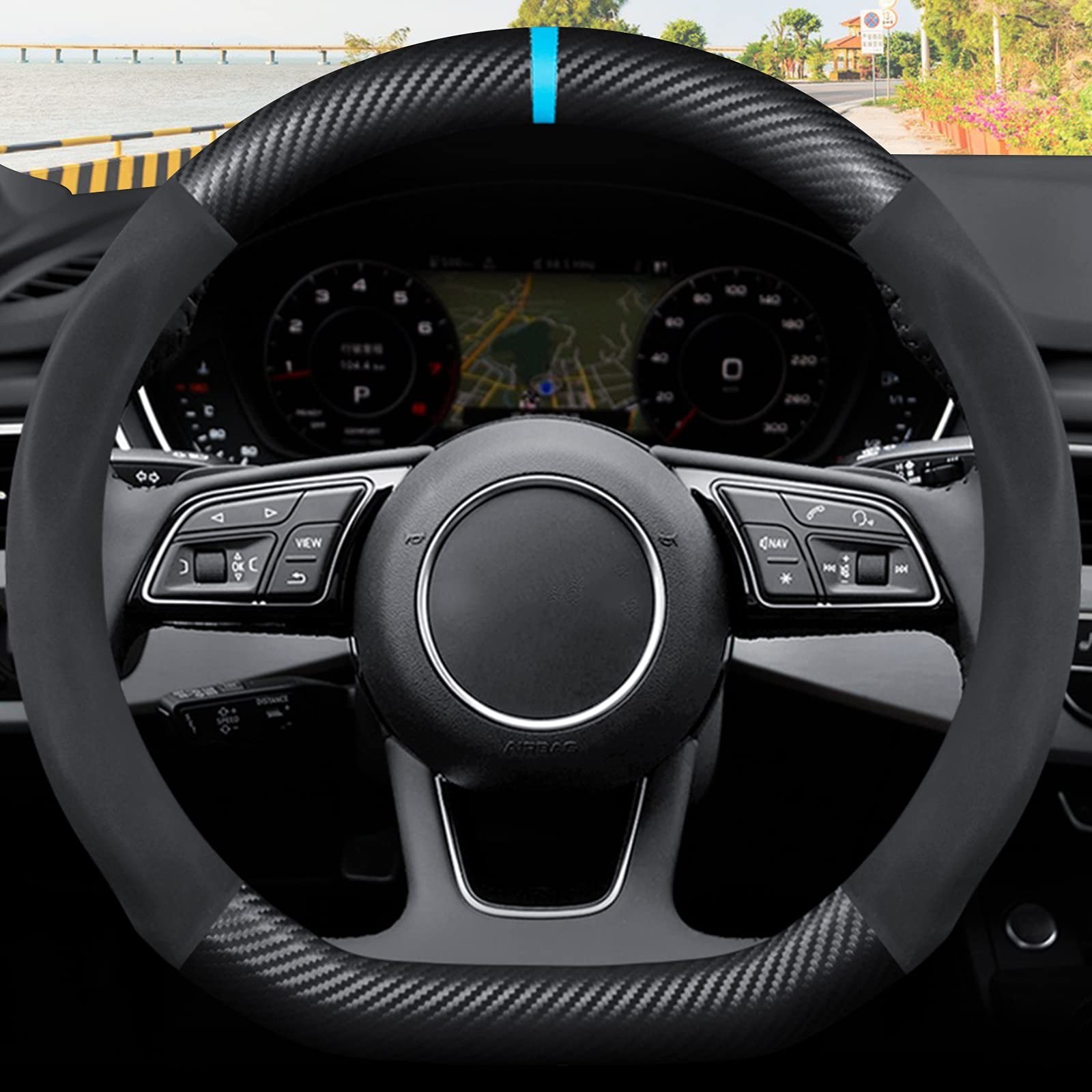 Ergocar D-Shaped Carbon Fiber & Microfiber PU Leather Steering Wheel Cover An…