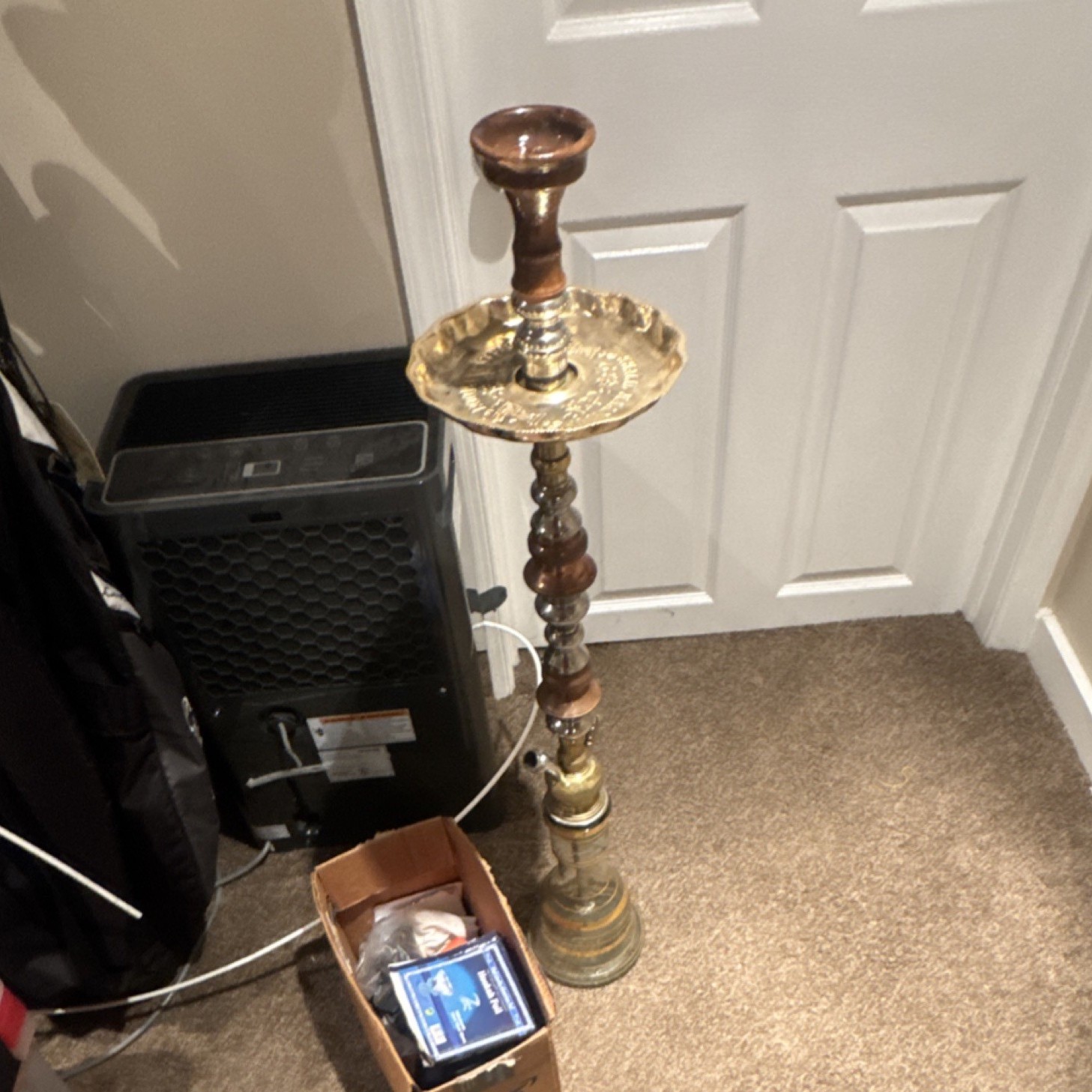 Tall Brass and Wood Collectible Hookah with Decorative Brass