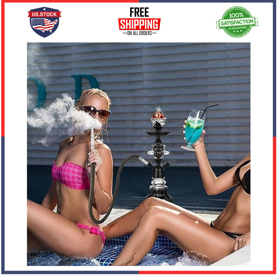 Hookah Set 14 Inch Shisha Complete Kit Glass Vase Leather Hose Ceramic Bowl Coal