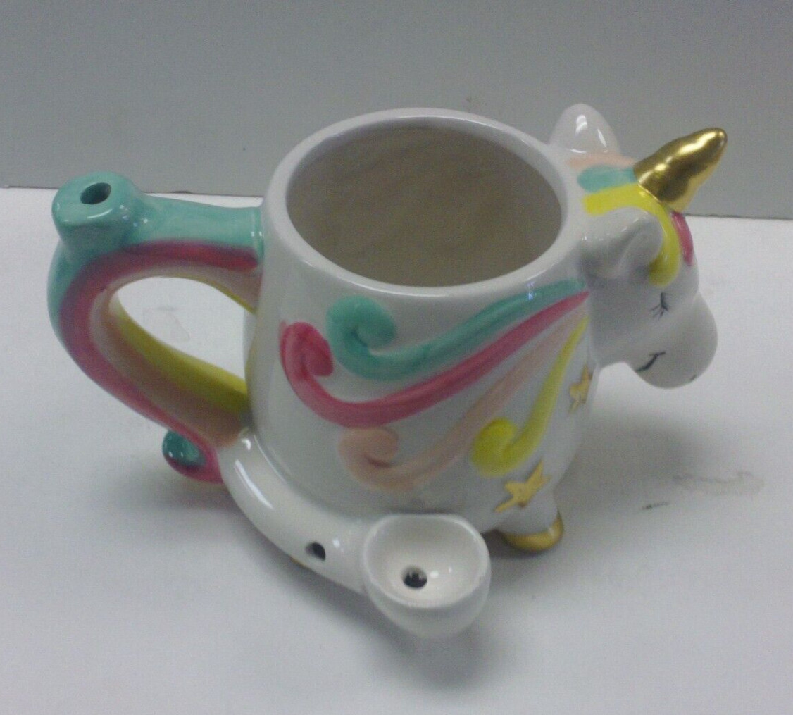 FASHIONCRAFT CERAMIC COFFEE MUG CUP SMOKING PIPE « UNICORN » WHITE