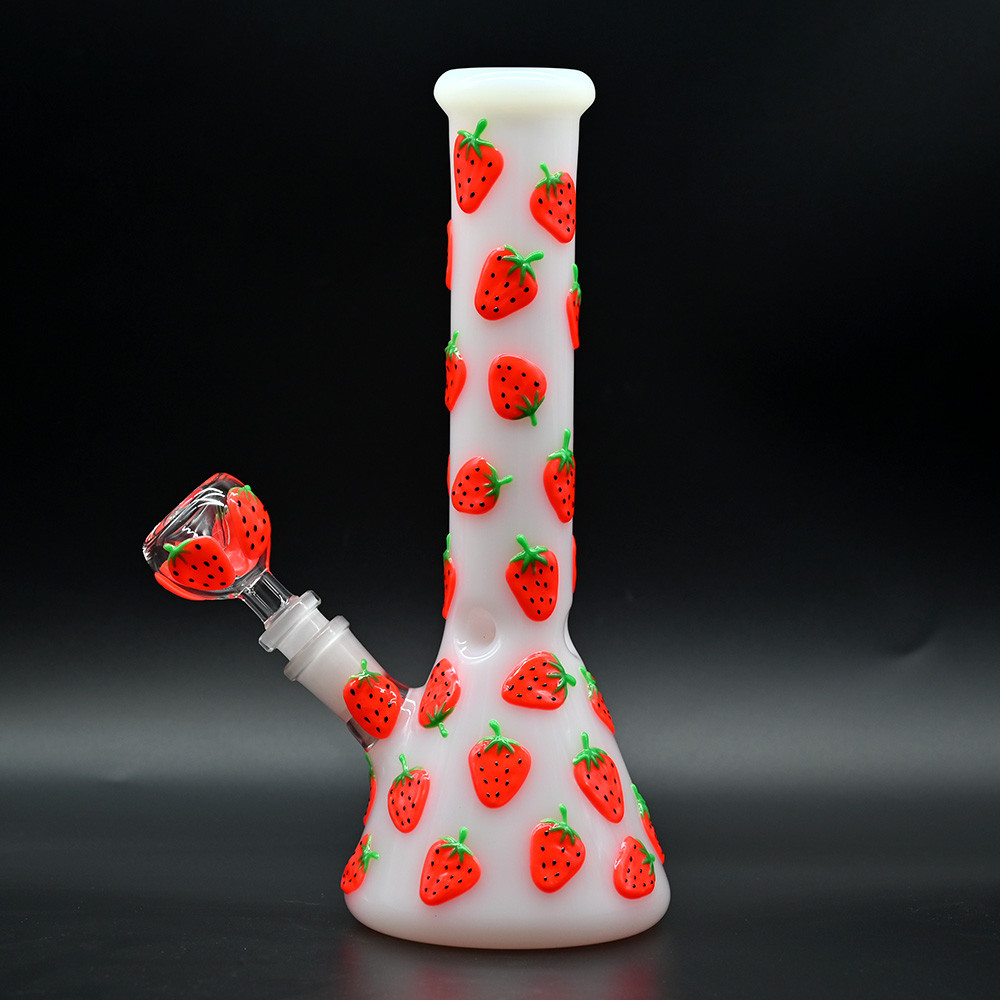 CUTE 10&Prime; Glass Bong Strawberries Glow in the Dark Smoking Beaker Water Pipe USA