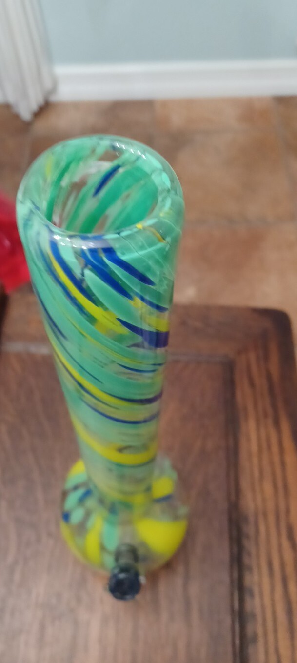 Water Bong Blown Glass Beautiful Pipe Yellow and Green , BLue Swirls
