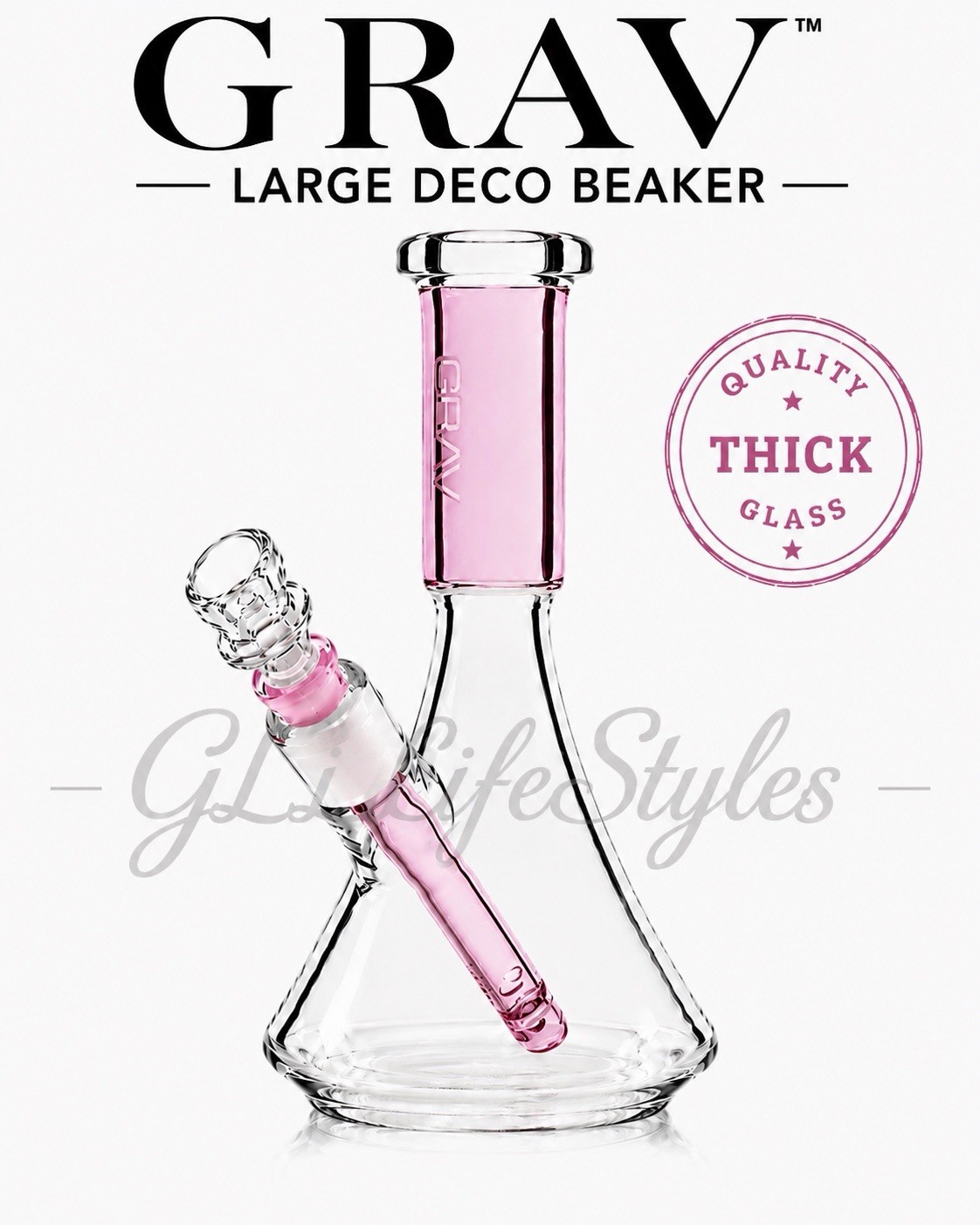 Grav® LARGE Deco Beaker Bong 11” Glass Water Pipe, PINK, AUTHORIZED DEALER!