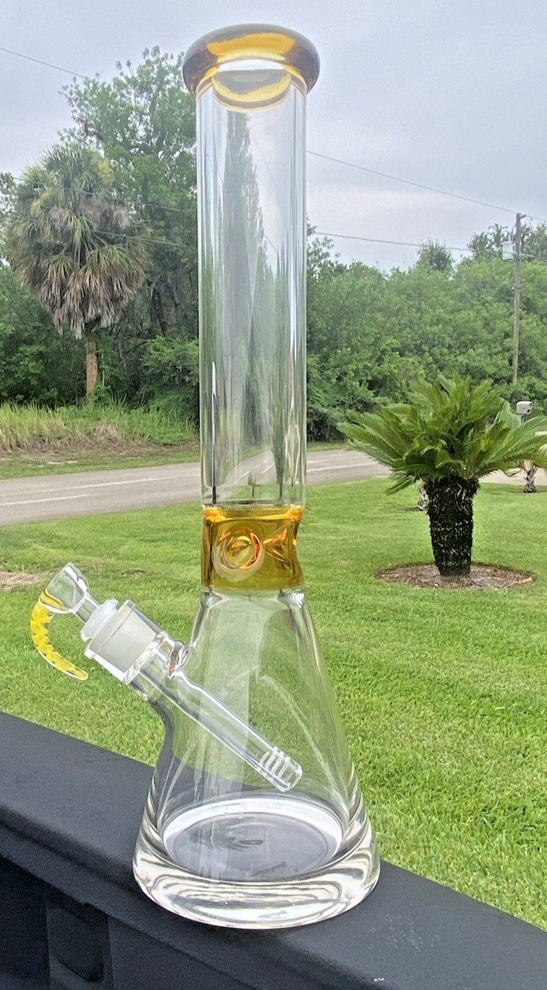Heavy 15.5&Prime; 9mm Glass Beaker Water Pipe Bong W/ Custom 14mm Horned Bowl 5&Prime; Base