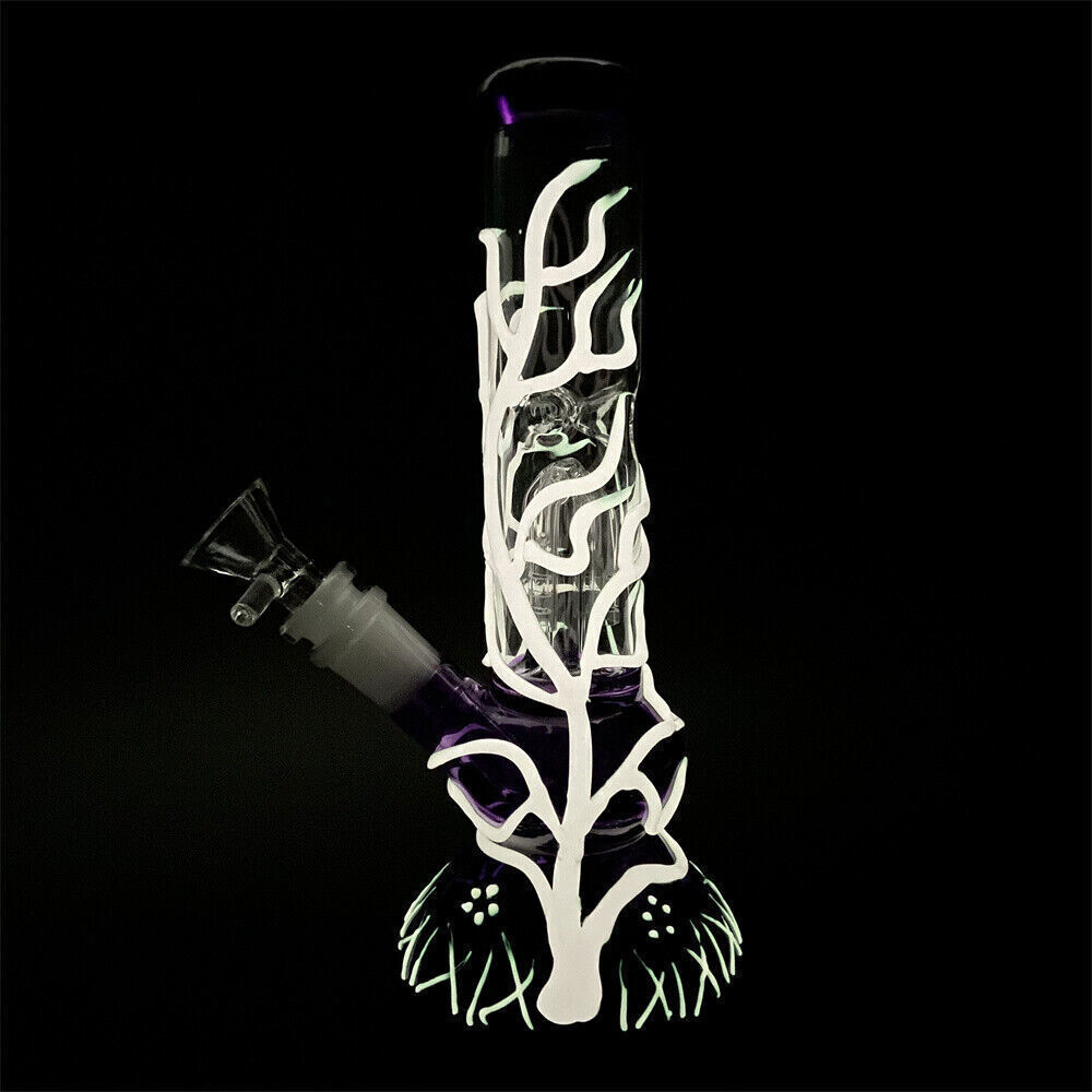 10&Prime; Glass Bong Glow in the Dark Tobacco Bubbler Smoking Water Pipe Purple W/Bowl