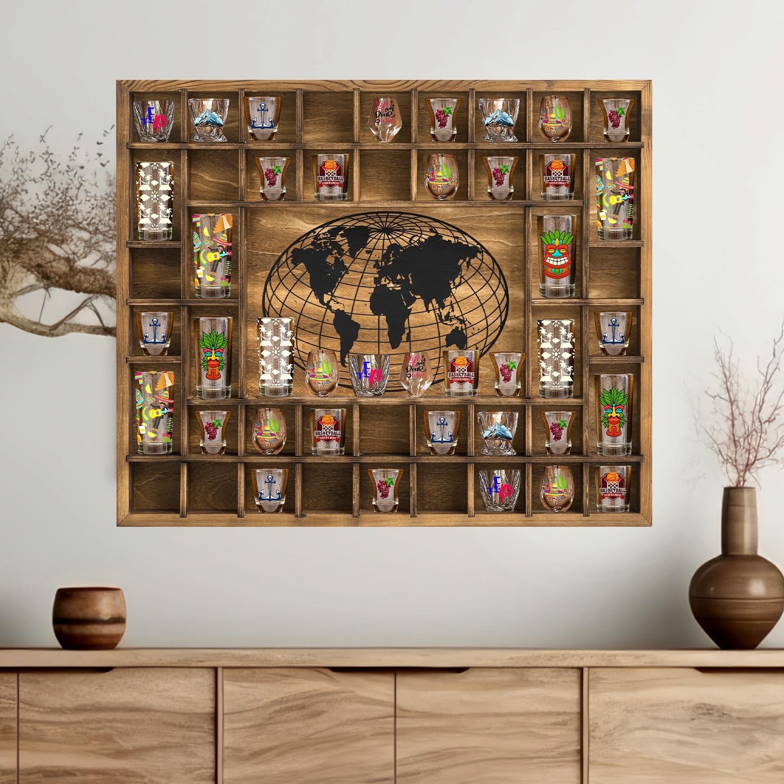 GlikCeil 44 Slots 28 x 23 » Medium World Map Shot Glass Display Case Rustic W…