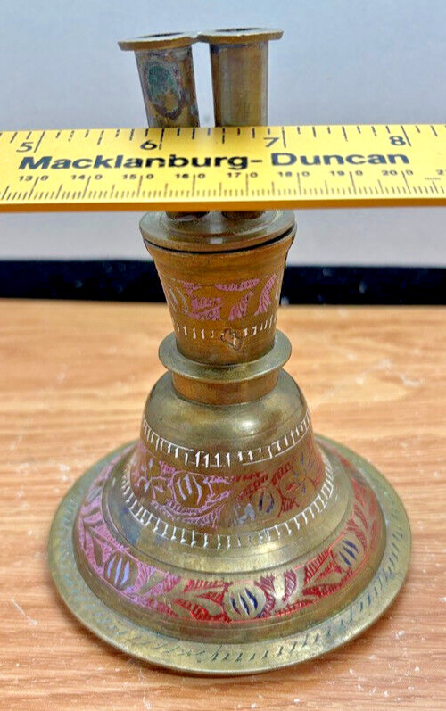 Antique Brass Hookah Base Painted and Engraved From Pakistan 6&Prime; x 4&Prime;