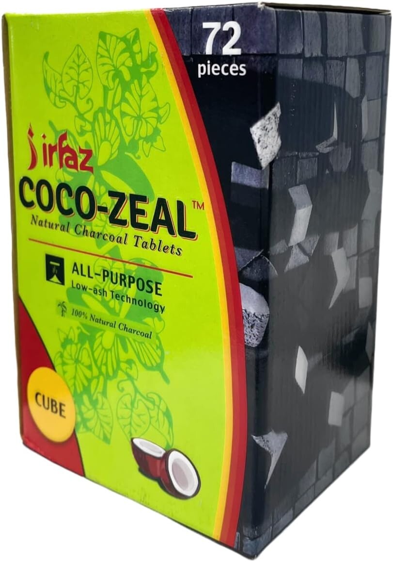 Coco Zeal Natural Coconut Hookah Charcoal Shisha Coal 72 Pieces / 1 KG Cubes