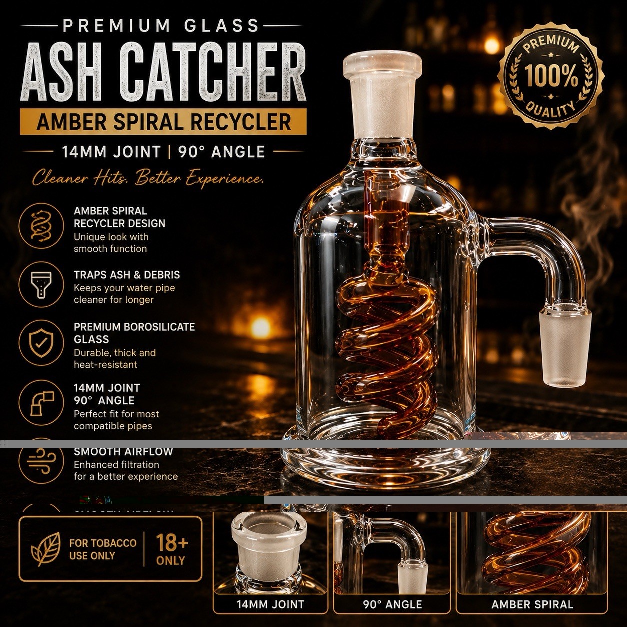 Premium Glass Ash Catcher-Amber Spiral Recycler 14mm Joint 90° For Tobacco 18+