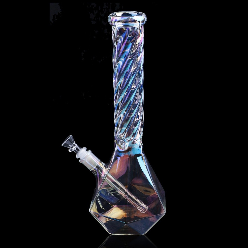 15&Prime; Iridescent Spiral Glass Water Pipe Diamond Base Hookah Bubbler 14mm Bowl