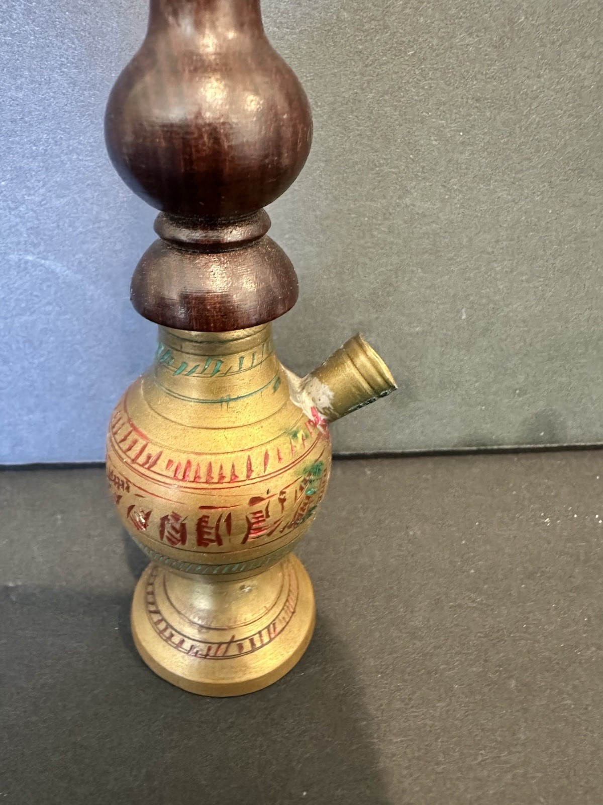Brass And Wood Hookah Pipe Vintage 7.5”