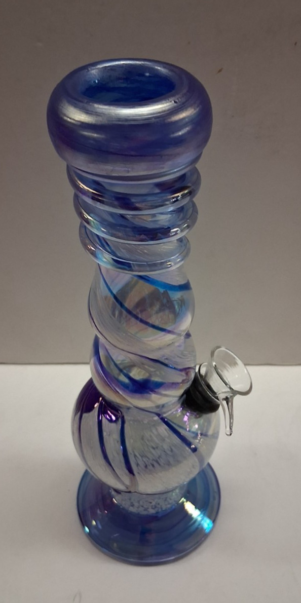 9&Prime; SOFT GLASS WATER PIPE BONG HOOKAH BUBBLE PULL BOWL CARB BLUE TWIST NEW 085