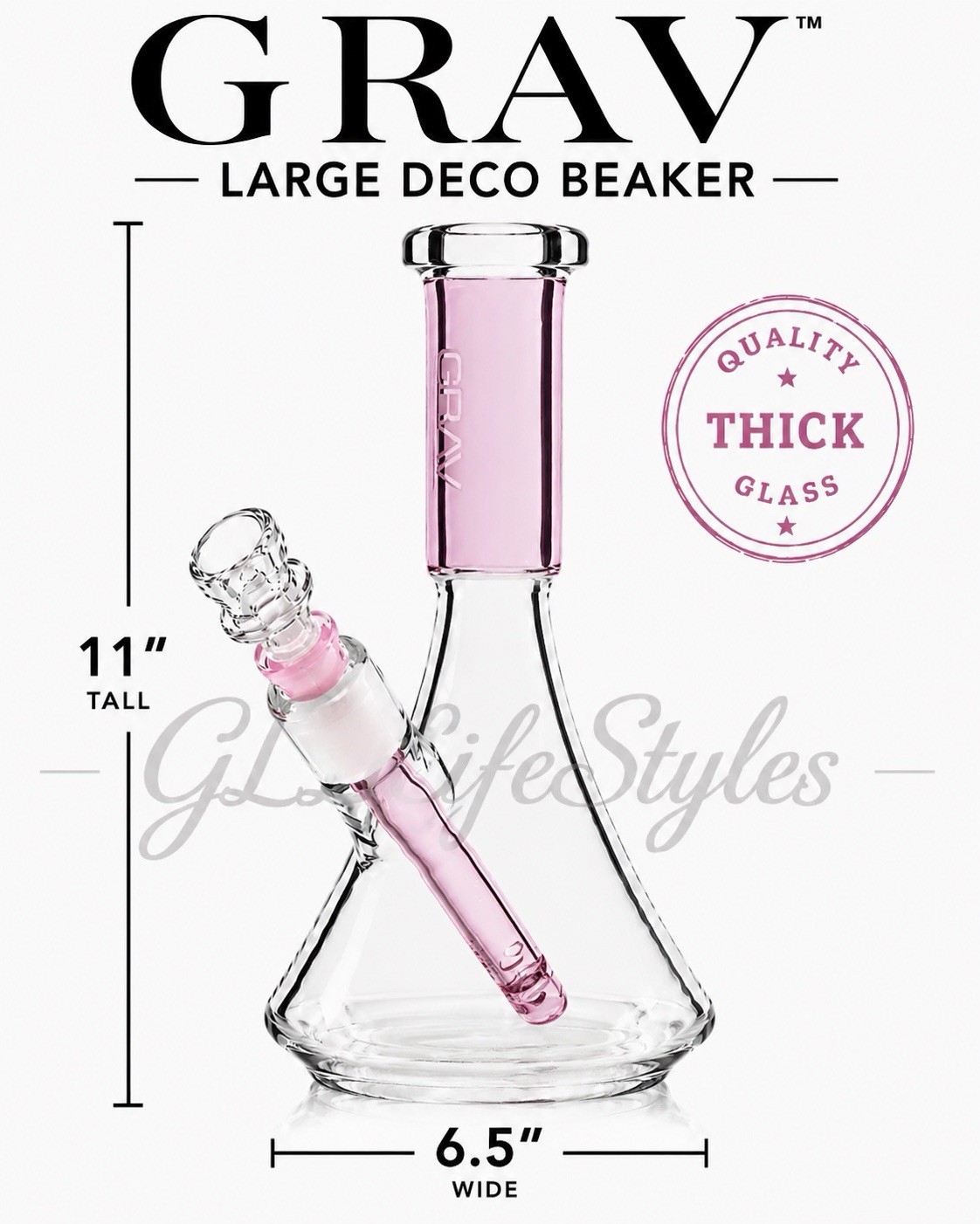 Grav® LARGE Deco Beaker Bong 11” Glass Water Pipe, PINK, AUTHORIZED DEALER!