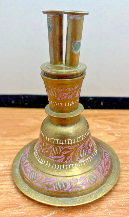 Antique Brass Hookah Base Painted and Engraved From Pakistan 6&Prime; x 4&Prime;