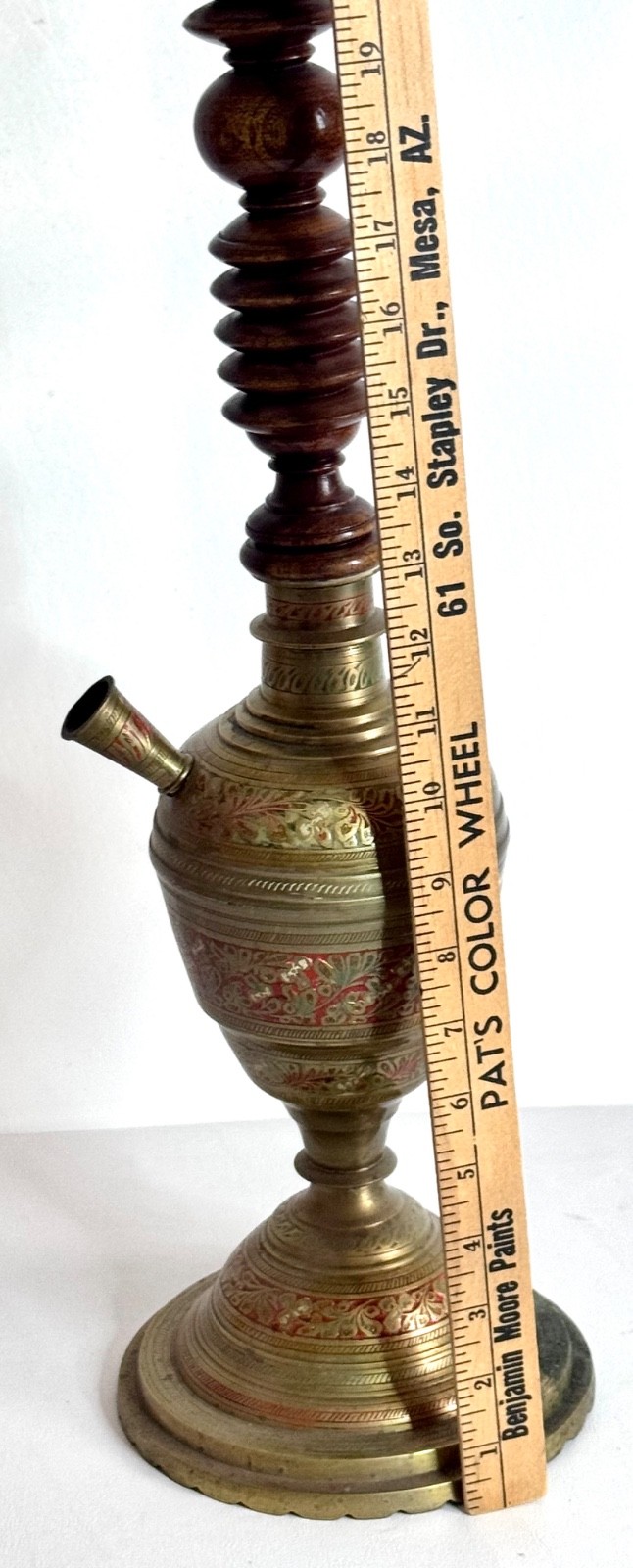 Hookah Etched Floral Cloisonné Brass/Wood 43&Prime;T-Use or Decoration Antique/Vintage
