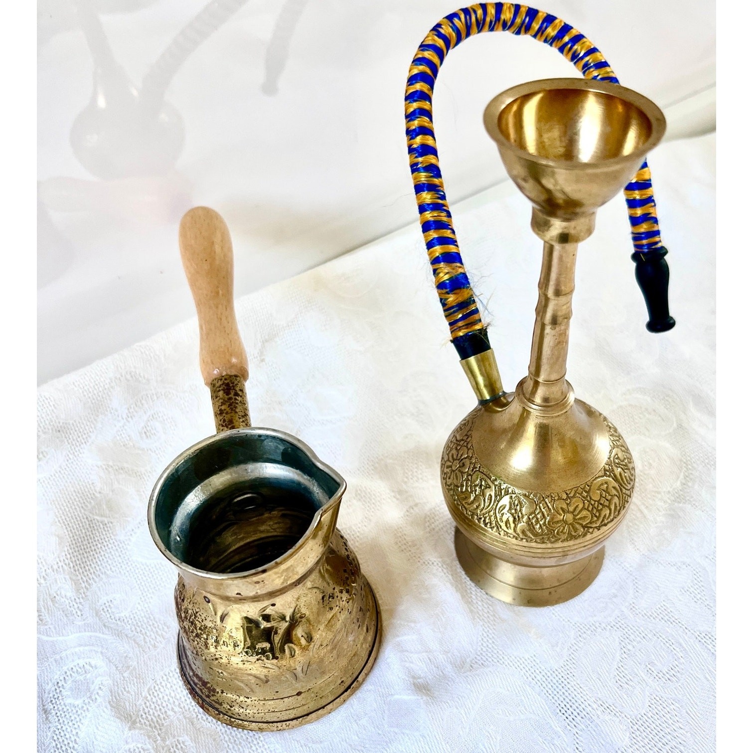 Vintage Brass Hookah Turkish Coffee Pot Handmade Engraved Middle Eastern Decor